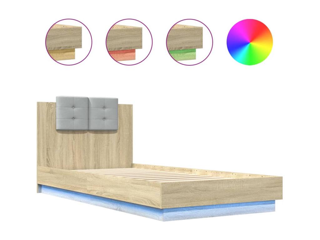 Estructura de cama cabecero luces LED roble Sonoma 90x200 cm - Image 2