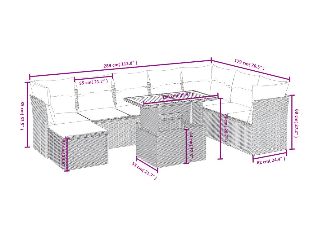 Set de sofás de jardín 8 piezas y cojines ratán sintético negro - Image 3